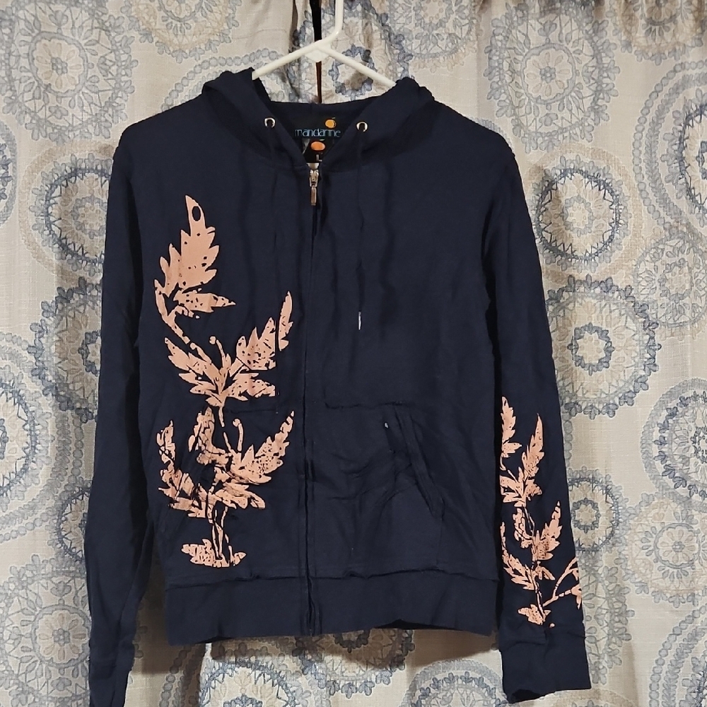 Navy Hoodie with Pink Leaf Design